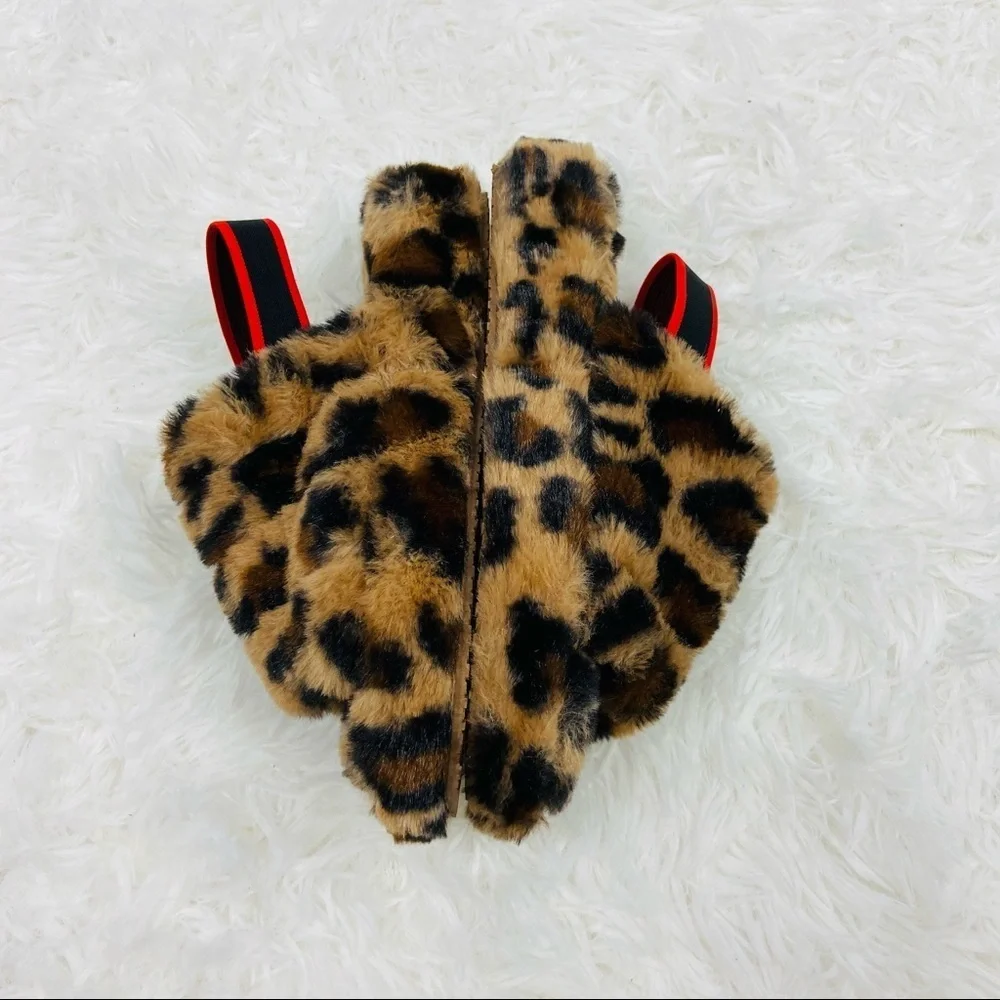 UNBRANDED girls leopard animal print open toe snuggly fleece warm slippers SZ 3